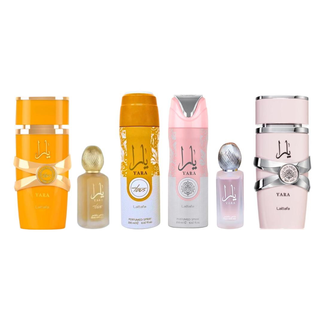 LATTAFA YARA + YARA TOUS  6 PCS GIFT SET WITH  2X 100ML EDP + 2X 200ML DEO + 2X 50ML HAIRMIST