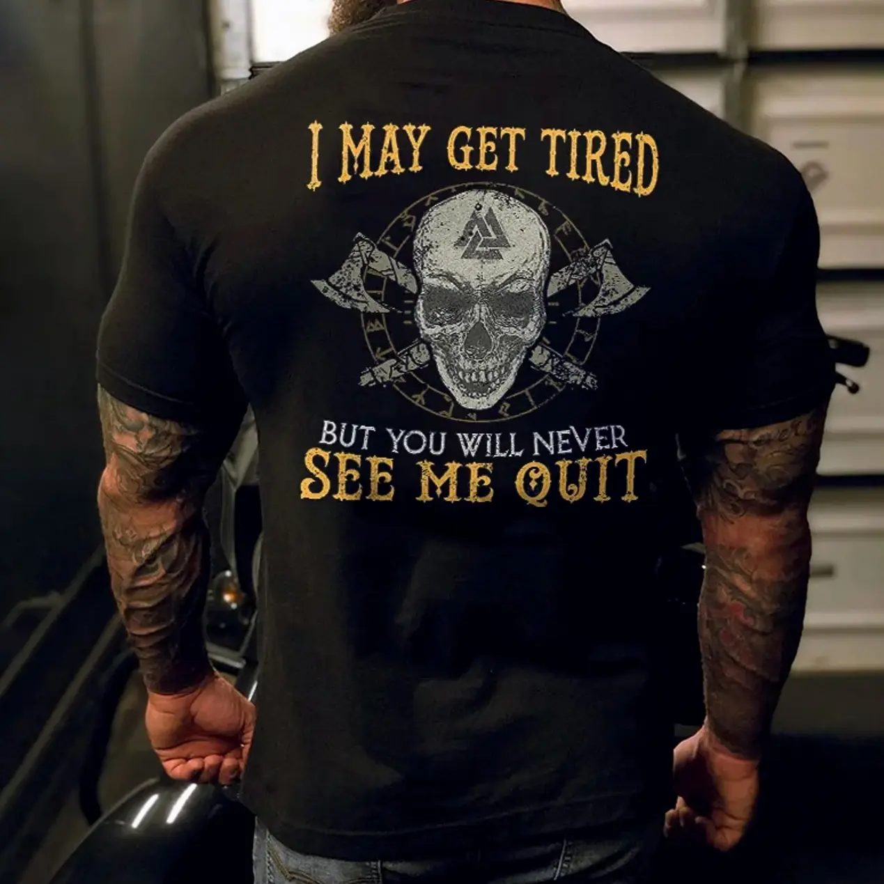I May Get Tired But You Will Never See Me Quit Skull Print Men's T-Shirt, Top Menswear Cotton Tee Shirt, Unisex Fashion, Soft Fabric, ShortSleeve, Regular Fit, Casual Streetwear.