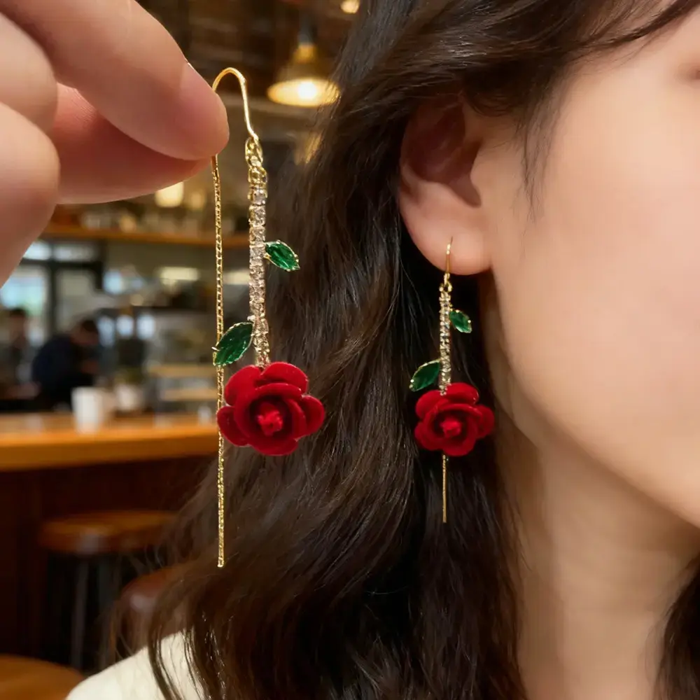 Red Rose Vintage Earrings for Women 2026 Elegant Retro Design Long Slim Tassel Minimalist Chic Jewelry Female Accessories