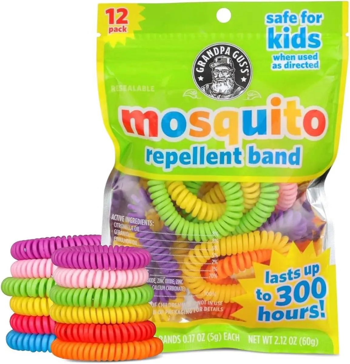 12 Pack DEET-Free Mosquito Repellent Bracelets, Wearable Bug Repellent Bands with Plant-Based Essential Oils for Kids & Adults Grandpa Gus's