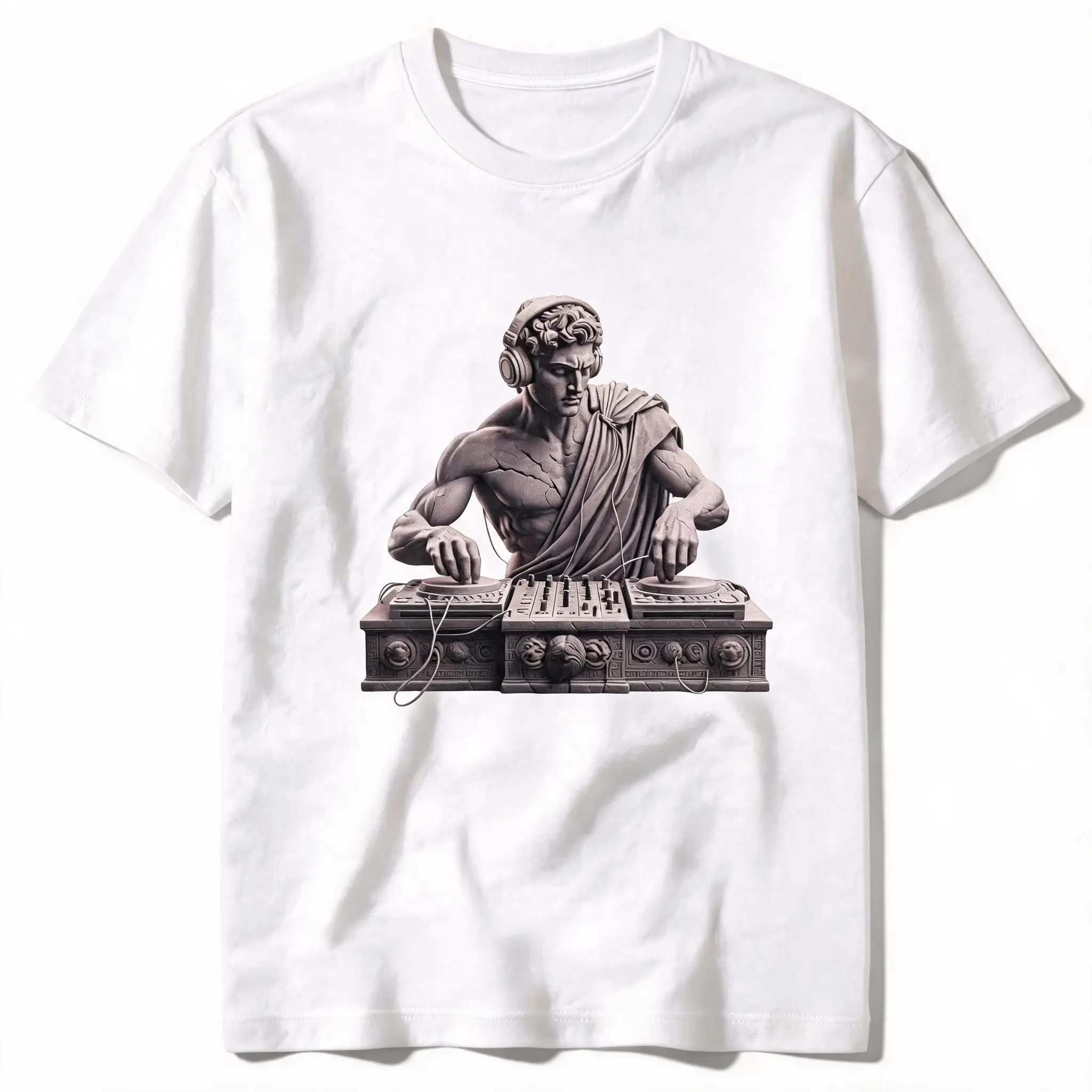 Unisex Pure Cotton Short Sleeve Casual Sports Top - Greek Statue DJ Turntable Graphic Print, Vintage Mythology Art Music Streetwear Tee