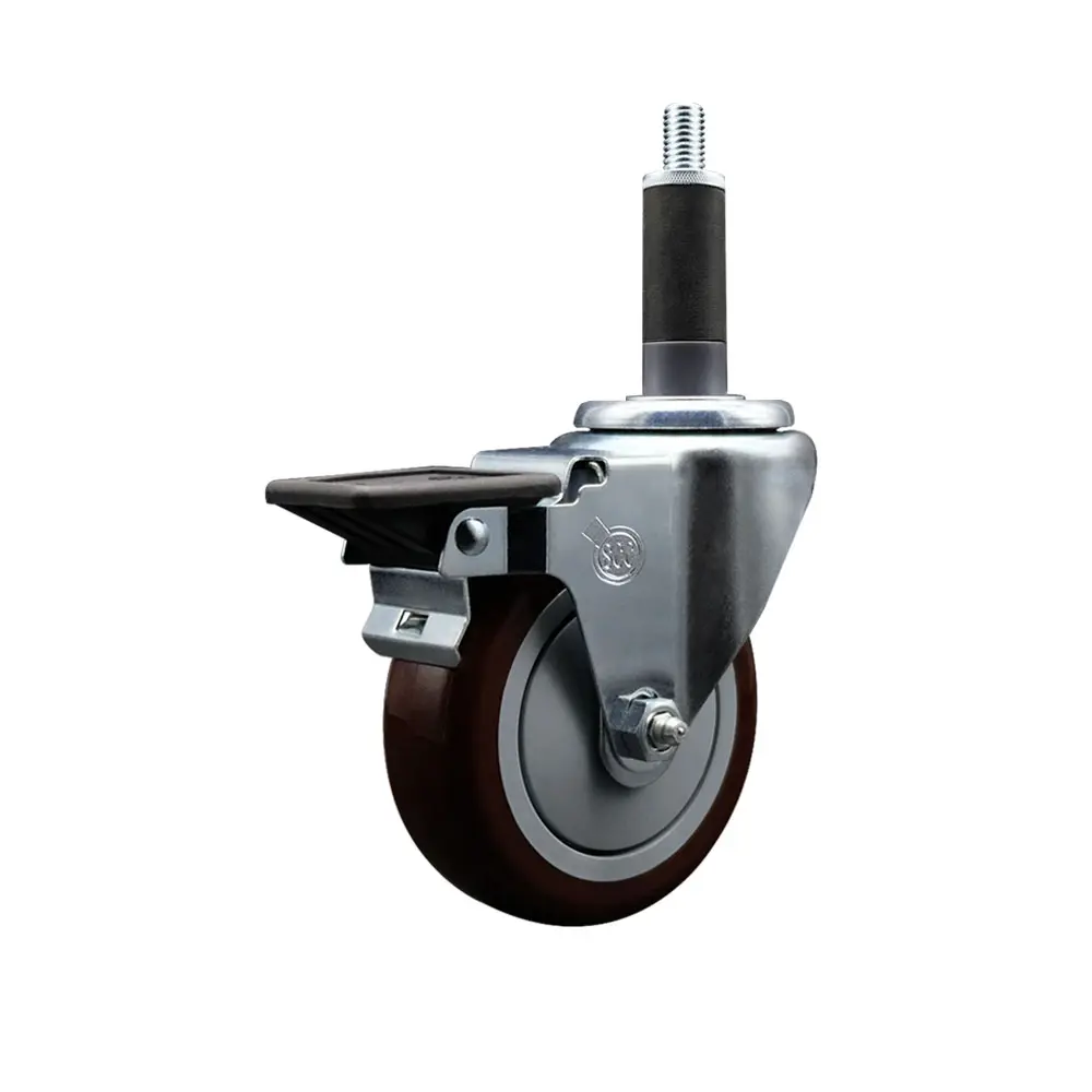 Service Caster SCC-EX20S414-PPUB-MRN-PLB-1 Polyurethane Expanding Stem Swivel Caster, 4 in. Maroon Wheel, 1 in. Stem, Posi Locking Brake, Bright Zinc Plated Finish, 350 lbs Capacity for Shop Projects & Work Tables