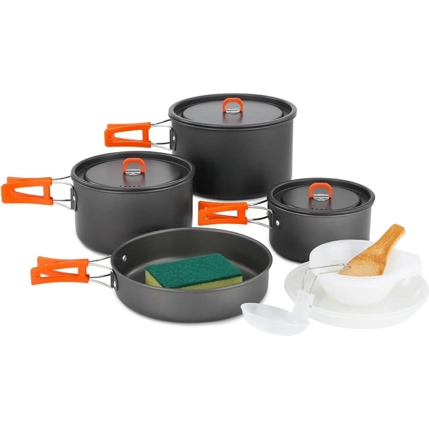 Camping Cookware 15 Pcs Non-Stick Compact Portable Set - Lightweight Pots, Pans, Kettle, Plastic Plates, Bowls, Soup Spoons, Mesh Bag Fit for Outdoor Meals, Backpacking, Picnic, 15 Pcs Kit, Anodized Aluminum, Unisex, Thermal Isolation, 15Pcs W/ Pot, Folda