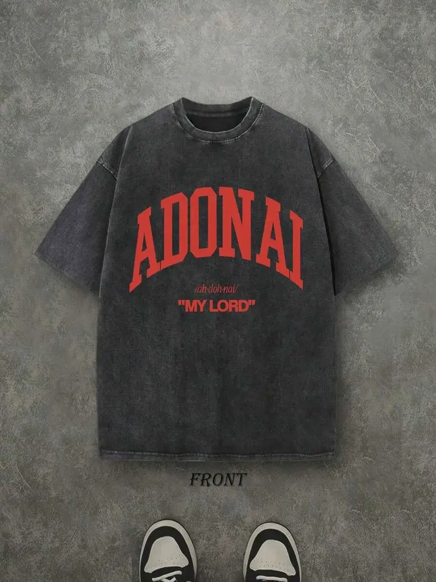 Oversized Graphic T-Shirt with Adonai Hebrew Text Arch Print, Vintage Washed 100% Cotton, Unisex Loose-Fit Streetwear, Unisex Sizing, Christian, Tops, Relaxed Fit