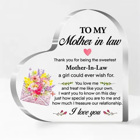 Acrylic Heart Design Ornaments, Heart Plaque, 1 Count Letter Pattern Desktop Decoration, Creative Tabletop Adornment for Mother in Law Gifts Home Office Decor, Indoor Home Decoration