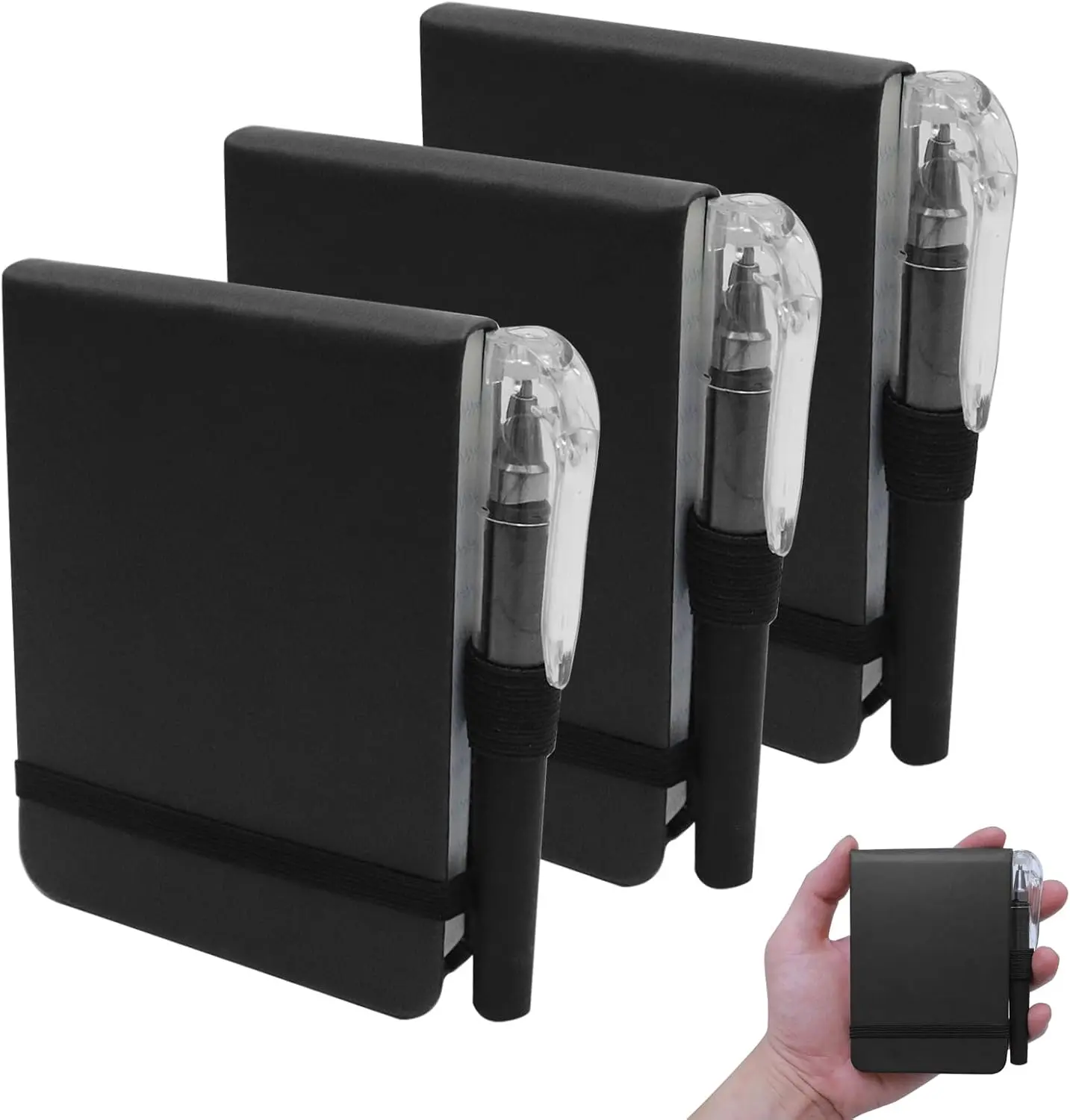 Mini Notebook with Pen, Pocket Size A7 PU Leather Hardcover Small Note Pads, -Off Sheets  Notepad with Elastic Band for , Office, School, Reporter & Travel Journaling, Black, Pack of 3