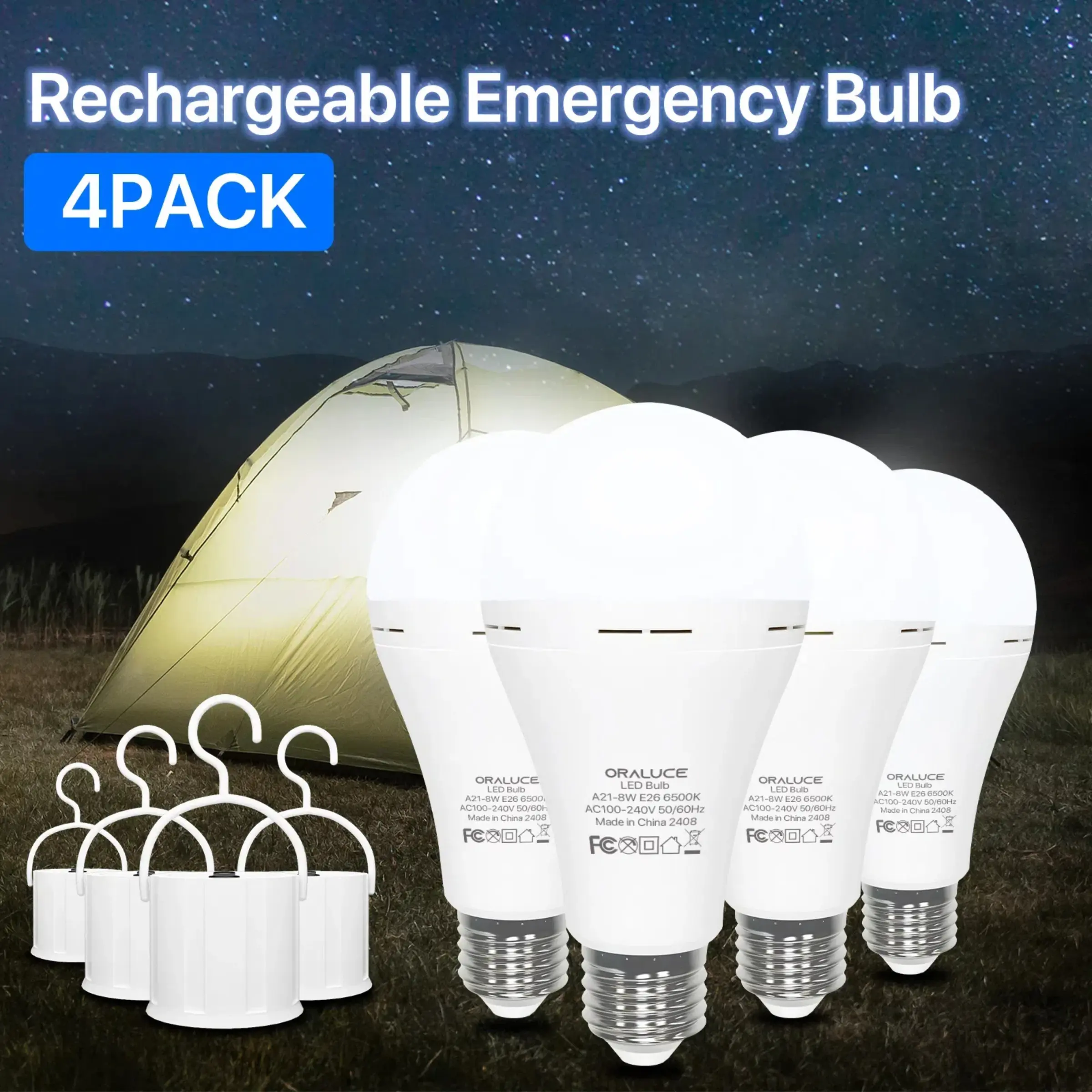 A21 Emergency Rechargeable Battery Powered Light Bulbs E26 Base, LED Battery 6500K / 3000K Operated Light Bulb Long Lasting for Lamps Power Outage Sconces, 2 / 4 Pack