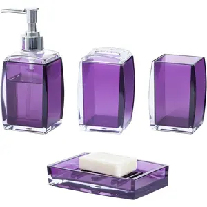Bathroom Accessories Set Purple Clear Acrylic Bathroom Counter Set with Soap Dispenser, Toothbrush Holder, Tumbler, Soap Dish, Gift for Home Bathroom Decor