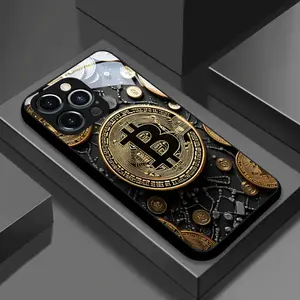 Gold Bitcoin Pattern Glass Case for iPhone 17, 16, 15, 14, X, 13, 12, 11, XR, 8, 7, XS Max Series, Anti-Dirty, Fashionable, Trendy
