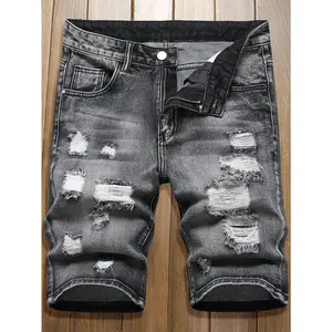 Men's Cotton Black Grey Ripped Distressed Denim Shorts, Y2K Streetwear Baggy Jean Shorts, Casual Summer Knee-Length Bottoms, High Street Fashion