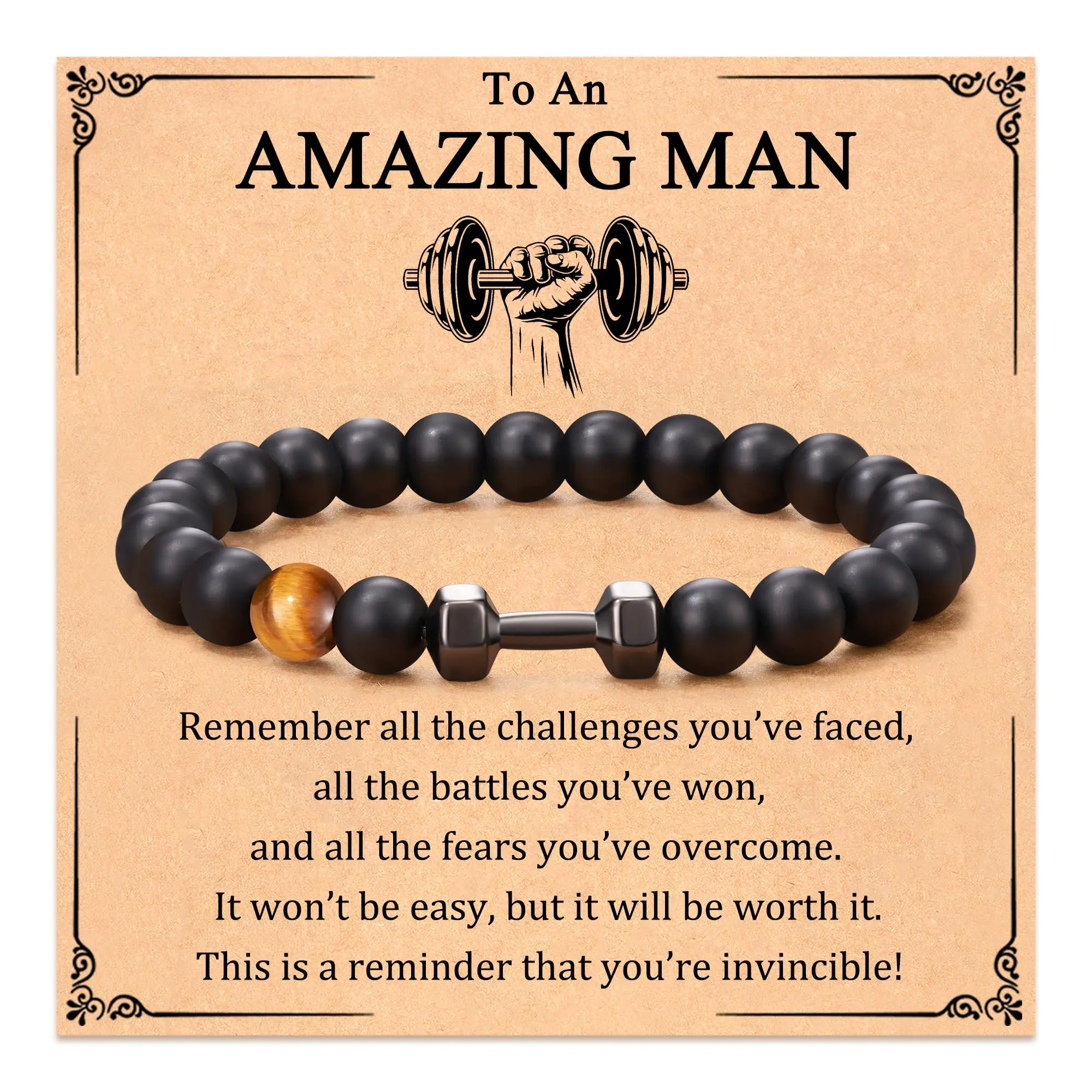 Dumbbell Bracelet Gifts For Men  Inspirational Onyx Beads Gym Fitness Barbell Bracelets Christmas Cool Dad Husband Son Brother Friends