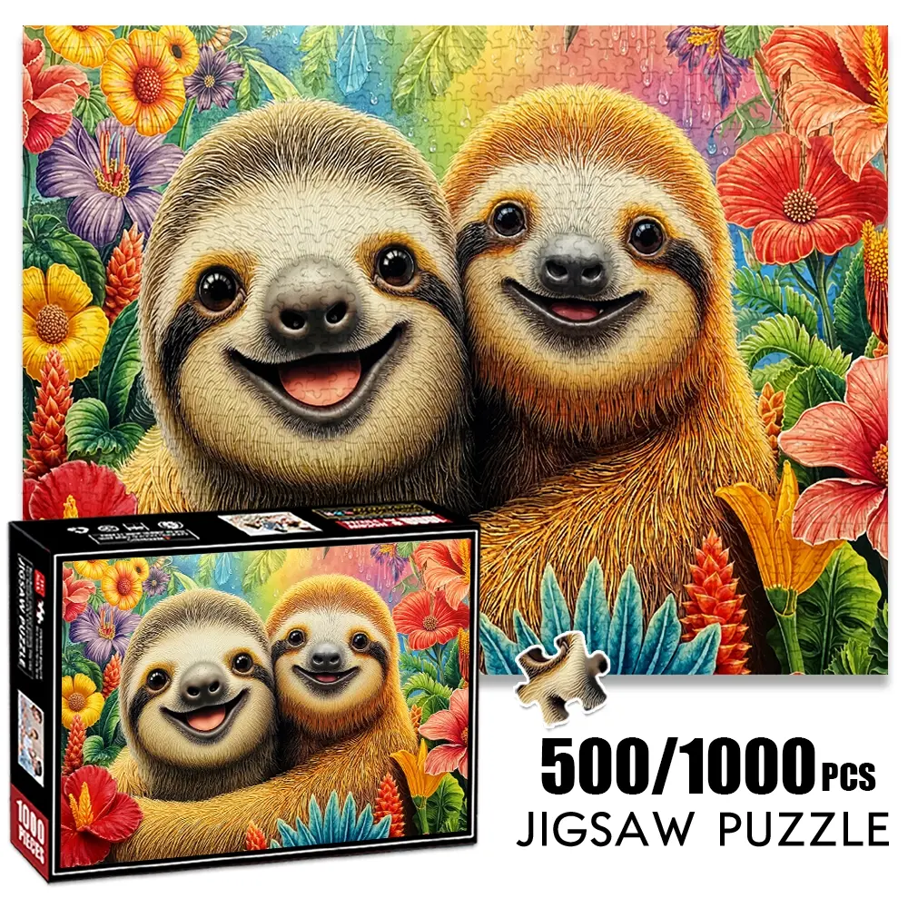 1pc 1000 piece adult puzzle 70x50cm Two Hugging Sloths with Colorful Flowers500 pieces paper jigsaw puzzle suitable for DIY creative games for adults and families, birthday and holiday stress relief