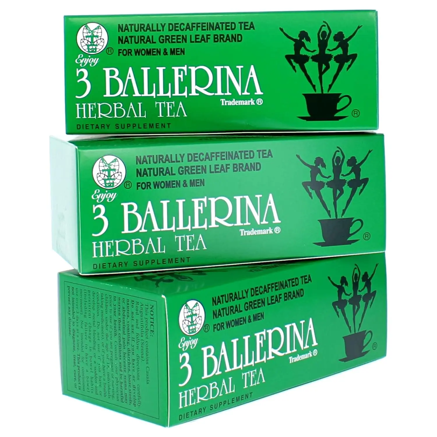 3 Ballerina Herbal Tea Drink Extra Strength 18-Count Tea Bags 3 Boxes Naturally Decaffeinated Green Leaf Brand for Women Men herbaldetox