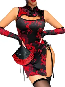 VeraKiss Women's Elegant Cheongsam Lingerie Set, Sexy Dragon Print Teddy Bodysuit with High Neck and Cutout, Includes Matching Accessories