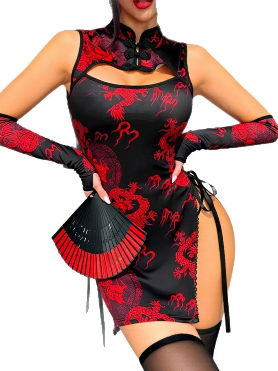 VeraKiss Women's Elegant Cheongsam Lingerie Set, Sexy Dragon Print Teddy Bodysuit with High Neck and Cutout, Includes Matching Accessories