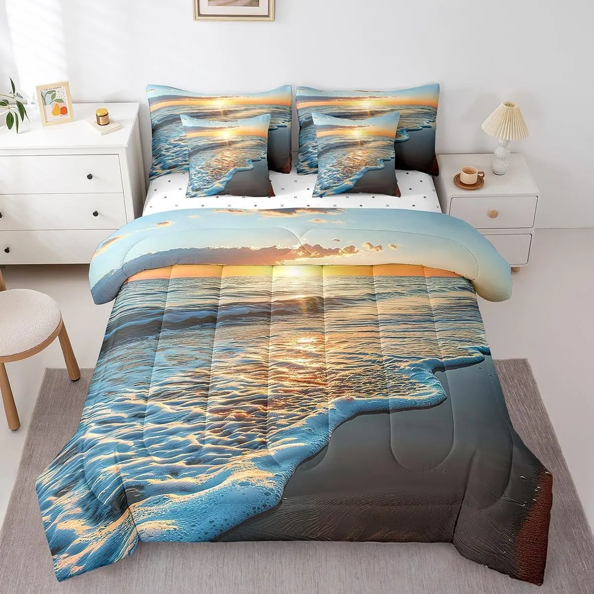Beach Themed Comforter Set 7 Pieces Ocean Sea Printed Bedding Set Summer Holiday Vacation Nature Pattern Bed in a Bag with Comforter,Sheets,Pillowcases & Cushion Cover