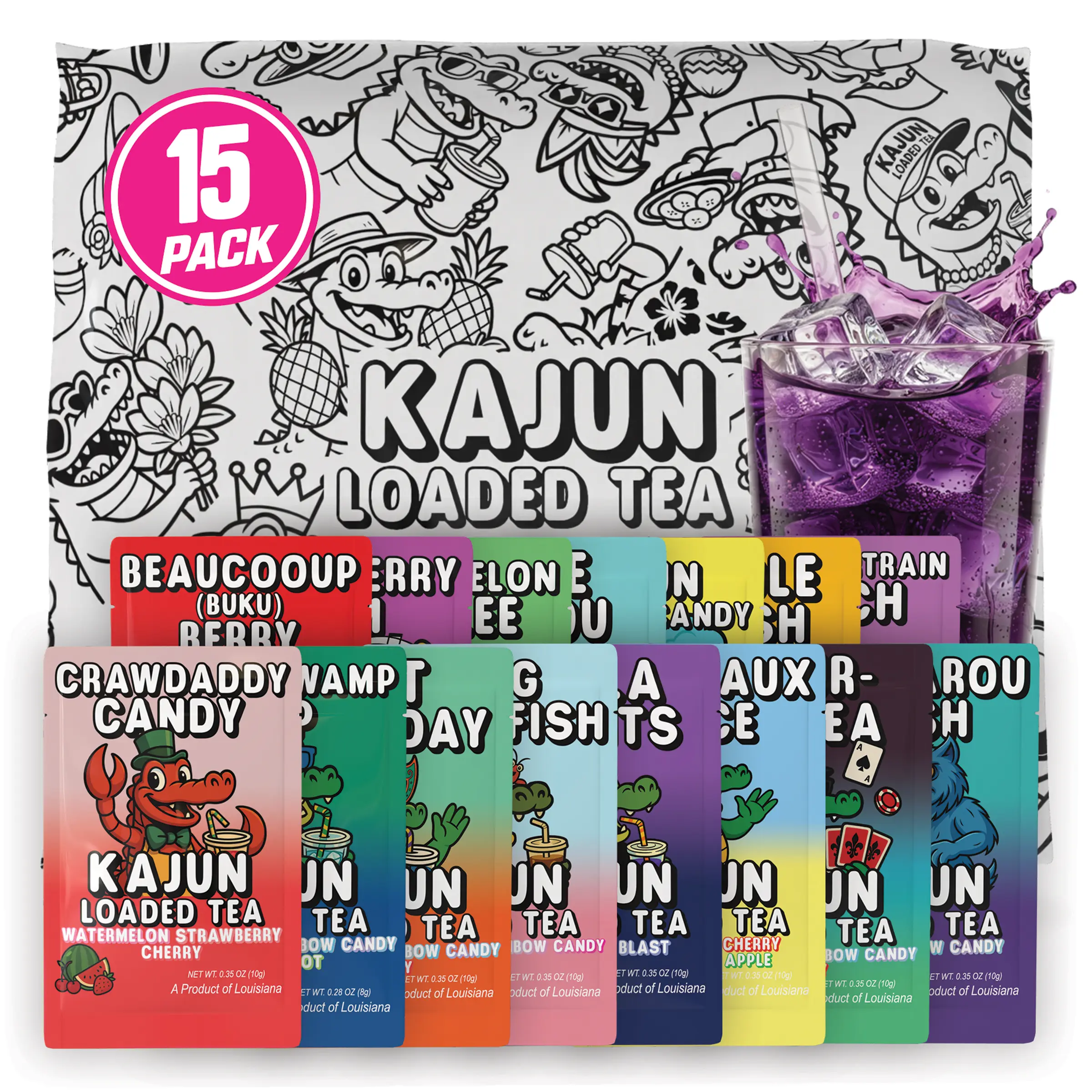 Kajun Loaded Tea Top 15 Fan Favorites Variety Pack | 15 Single-Serve Sugar-Free Energy Drink Mix Packets