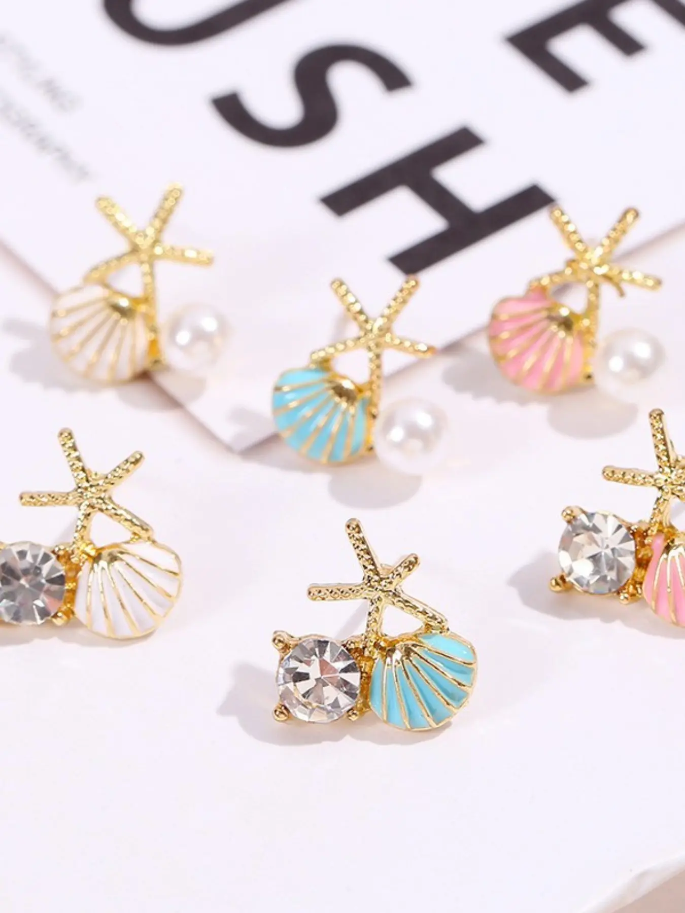 Cute Elegant Water Drop Oil Shell Starfish Rhinestone Stud Earrings, Seashell Earring, Beachy Earrings, Beach Theme Jewelry Gift for Women, Stylish Accessories