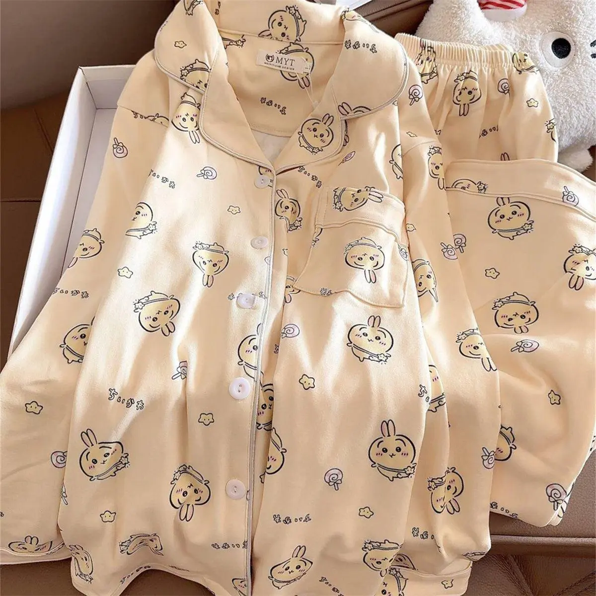 Usagi Chiikawa Pajamas Set Women Autumn Winter Fleece Thickened Warm Kawaii Loungewear Home Sleepwear for Girls Students Gift