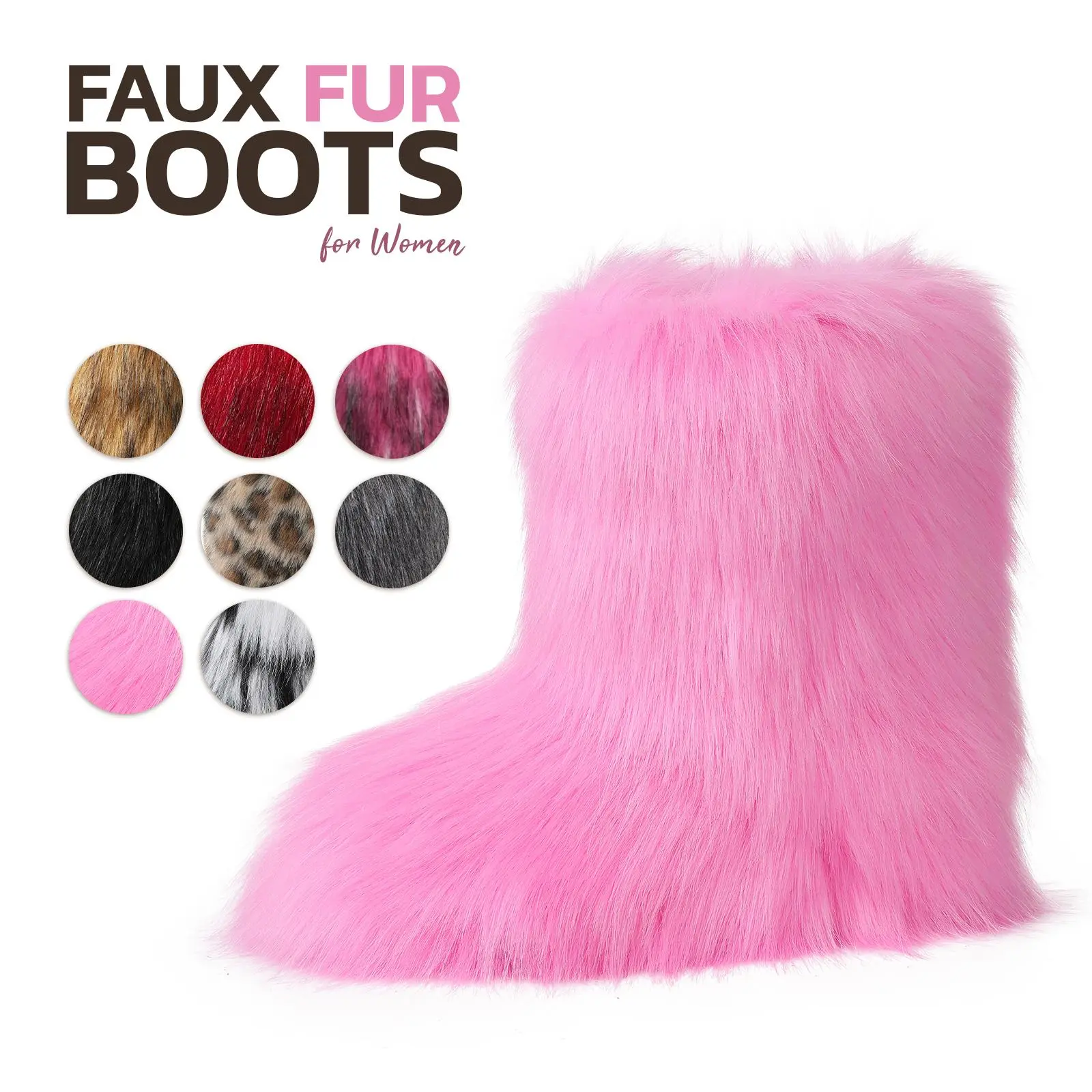VIMISAOI Faux Fur Boots For Womens Mid Calf Round Toe Flat Heel Pull On Boots Fluffy Shaggy Fuzzy Warm Cozy Apres Ski Bunny Chilly Day Booty Trendy Fashion Holiday Party Casual Comfortable Fashion Shoes