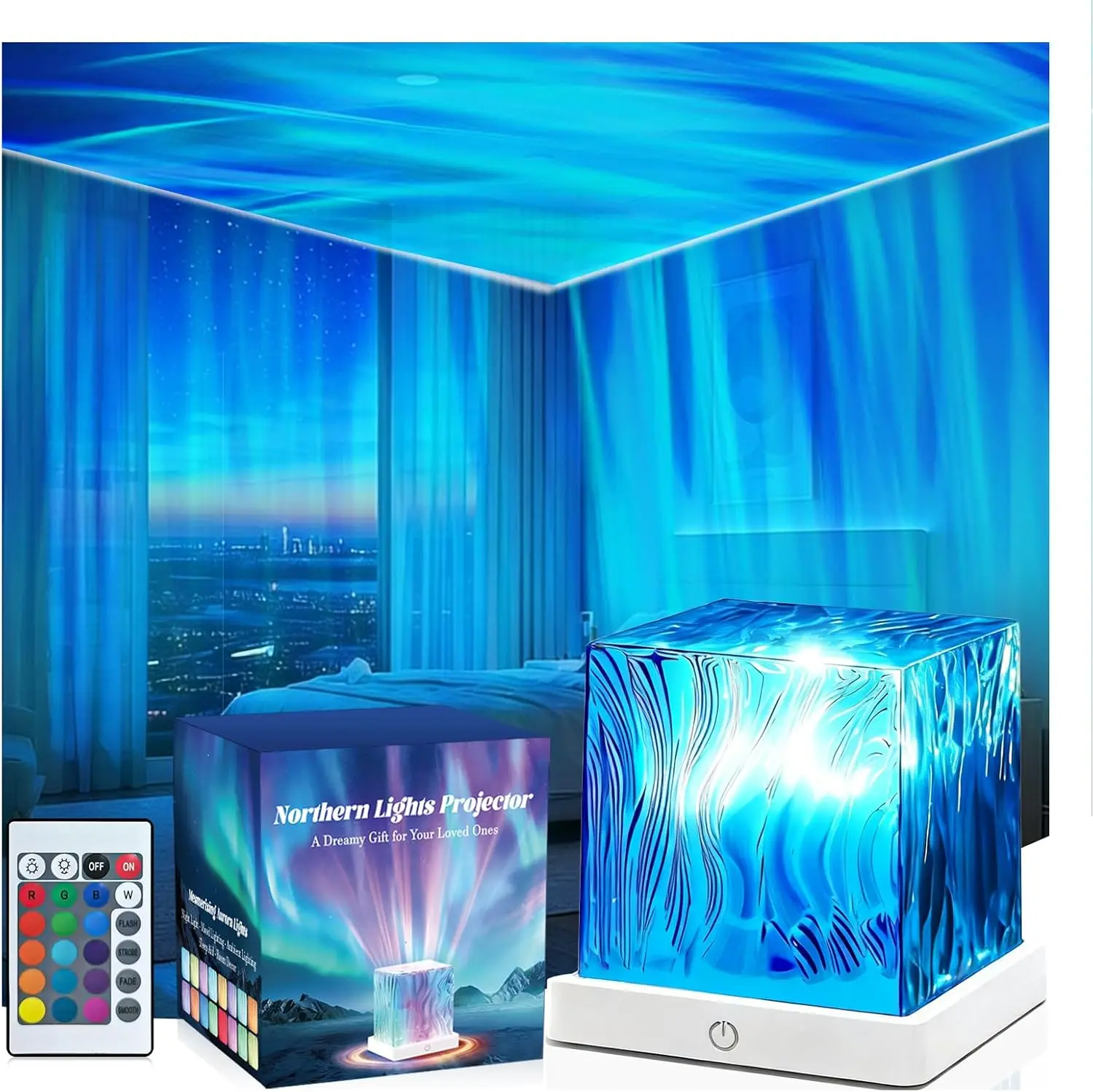 Northern Lights Projector, Cube Aurora Galaxy Projector with Remote, 16 Color Mood Lighting Dimmable Ocean Light, Memory Function, Trendy Cute Stuff for Teen Girls Gifts Bedroom RoomGift..