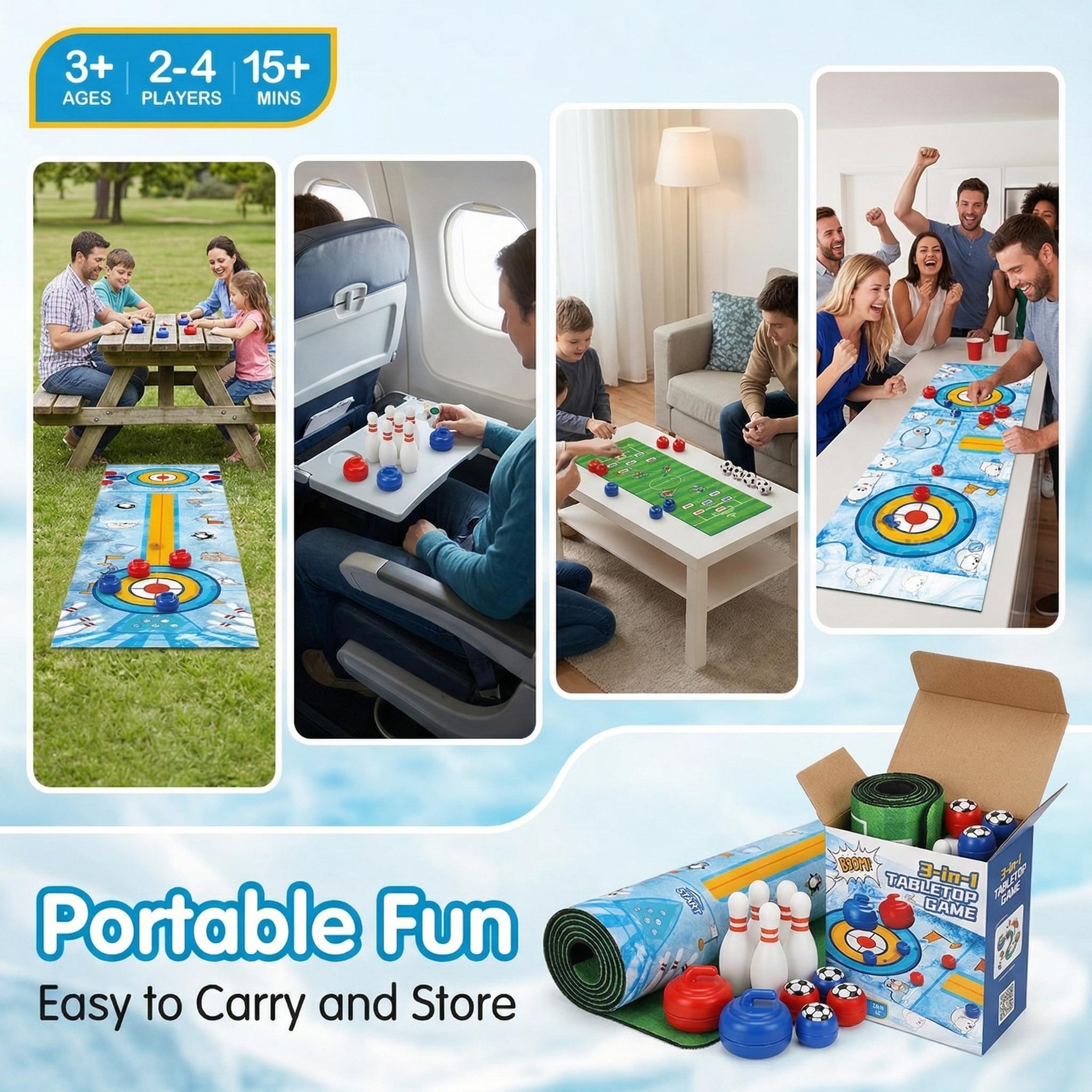 Football Carnival! 3-in-1 Tabletop Game Set | Mini Soccer, Curling & Bowling | Portable Parent-Child Indoor Competitive Toy | Ideal for Parties, Gatherings, Travel & Entertainment, Suitable for Kids and Adults