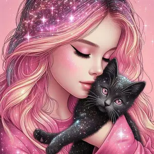 1pcs 5D DIY diamond painting kit, 5D diamond art set, DIY decoration, pink long hair, black cat, starlight diamond painting kit full round drill DIY, mosaic, diamond art, DIY art home decoration, suitable for Halloween and Christmas.