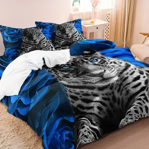 3pcs Valentine's Day Duvet Cover Set (1*Duvet Cover + 2*Pillowcase,No Core), Animal  Rose Leopard Print Bedding Set  For Bedroom Guest Room