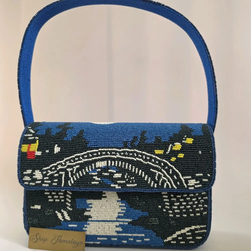 Beaded Stone Bridge Scenic Art Shoulder Bag, Handcrafted Night Bridge Handbag