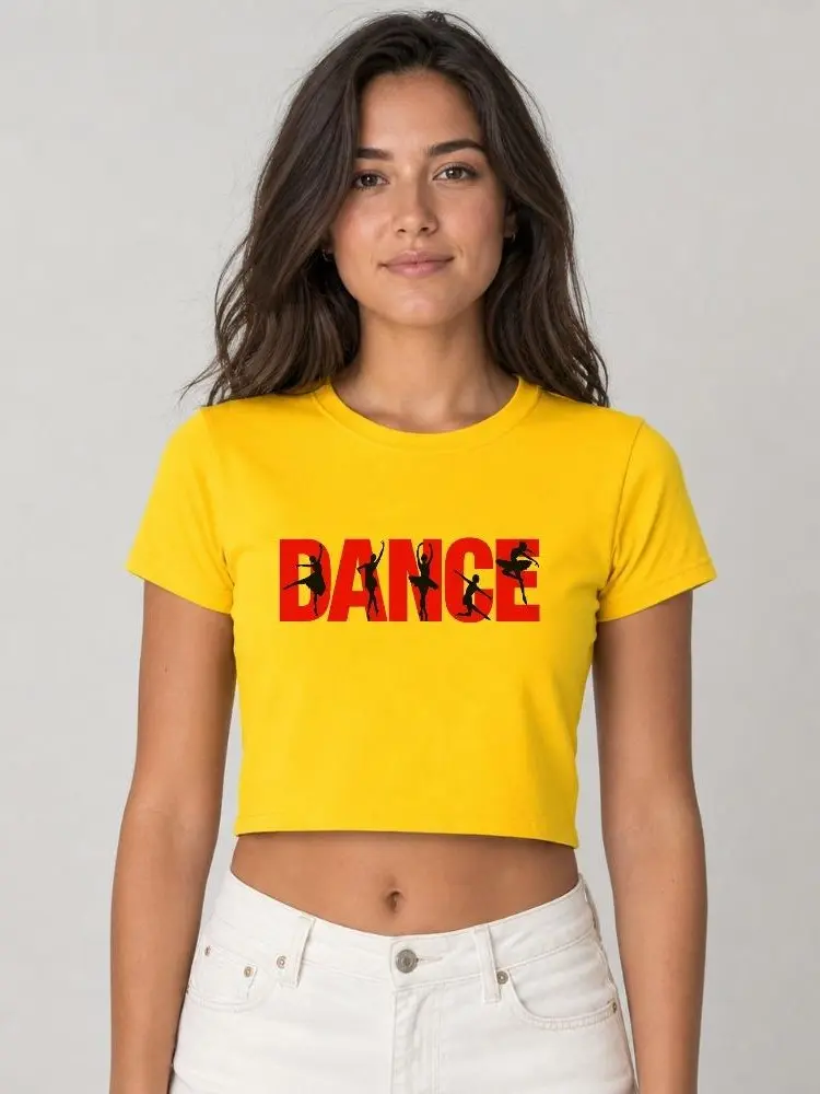 Women's Graphic Crop Top, Short Sleeve Crew Neck T-Shirt with DANCE Letter Print, Lightweight Polyester for Dancers & Casual Wear, Cold Shoulder Tops, Short Sleeve Tops
