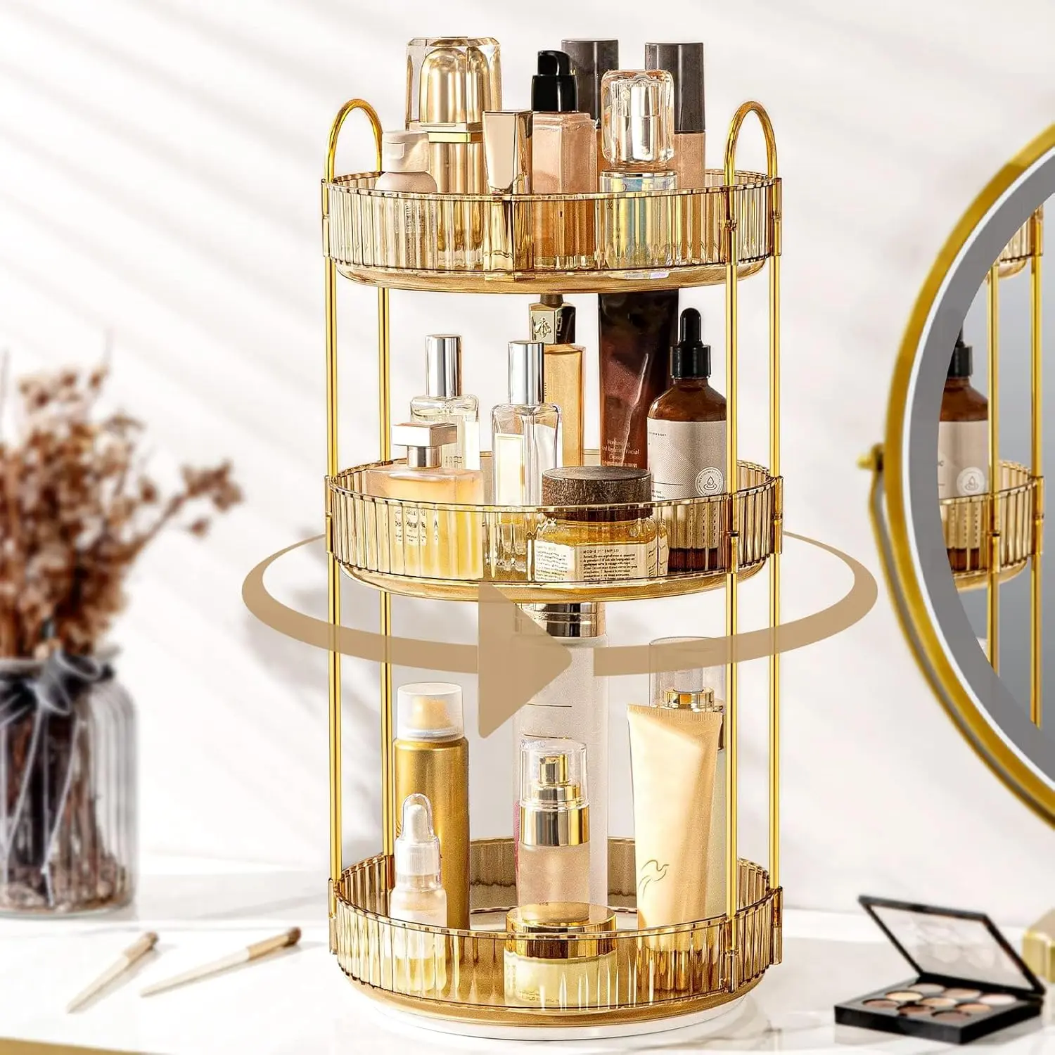 Rotating Makeup Organizer for Vanity, 3 Tier Perfume Skincare Organizers and Storage for Bathroom Countertop, Bonus 12-Slot Lipstick Holder,Clear Spinning Counter Shelf Cosmetic Holder for Dresser,Gold,Green,White