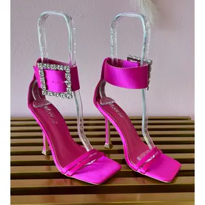 NAVI Fuchsia Satin Heels with Large Rhinestone Buckle Ankle Strap
