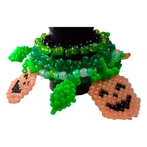3d Kandi Rotating Cuff-4 Bead Glow Pumpkins-Neon Green Leafs-Halloween Kandi Bracelets