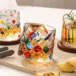 Creative thickened rotating whiskey glass, hand-painted spinning glass, colorful glass cup, a stress-relieving cup, perfect as a holiday gift for family and friends.