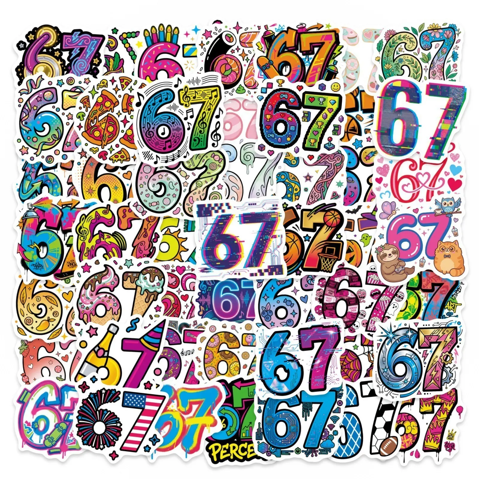 50 Fun Number 67 Graffiti Stickers Set, Graphic Decal, Car Decals, Ideal for Scrapbooks, Journals, Laptops, Water Bottles, Cars, Universal Car Sticker, Positive Message Gifts, Car Decorative Sticker