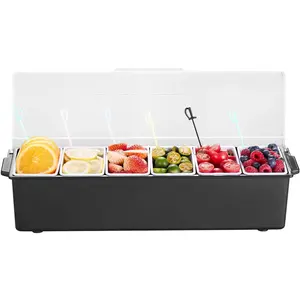 VEVOR Chilled Condiment Server, TikTokShopBlackFriday, 6 Compartment Ice Cooled Condiment Serving Container, Chilled Garnish Tray Bar Caddy with Lid, for Bartending & Serving Taco, Salad, Fruit, Home & Restaurant Supplies
