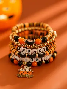 Vintage Fashion Colorful Soft Clay Acrylic Letter Beaded Bracelets Set, Halloween Pumpkin Ghost Party Gifts, Holiday Accessories