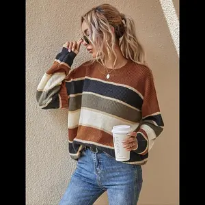 Women's Colorblock Striped Print Drop Shoulder Sweater, Casual Long Sleeve Round Neck Jumper for Fall & Winter, Fashion Ladies' Knitwear for Daily Wear Womenswear Tops