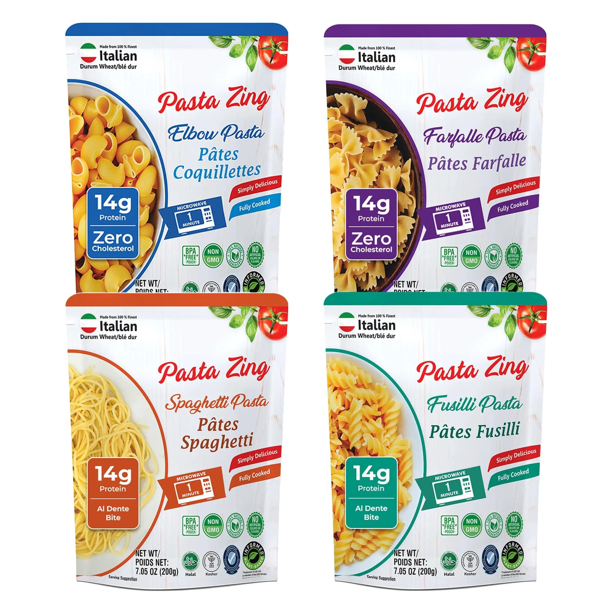 Pasta Zing Variety Pack, Fully Cooked Italian Pasta, Ready in 1 Minute, 14g Protein, Al Dente Bite, 3x Spaghetti 2x Farfalle 1x Fusilli 1x Elbow, BPA-Free Pouch, 7 Pack 7.05 oz