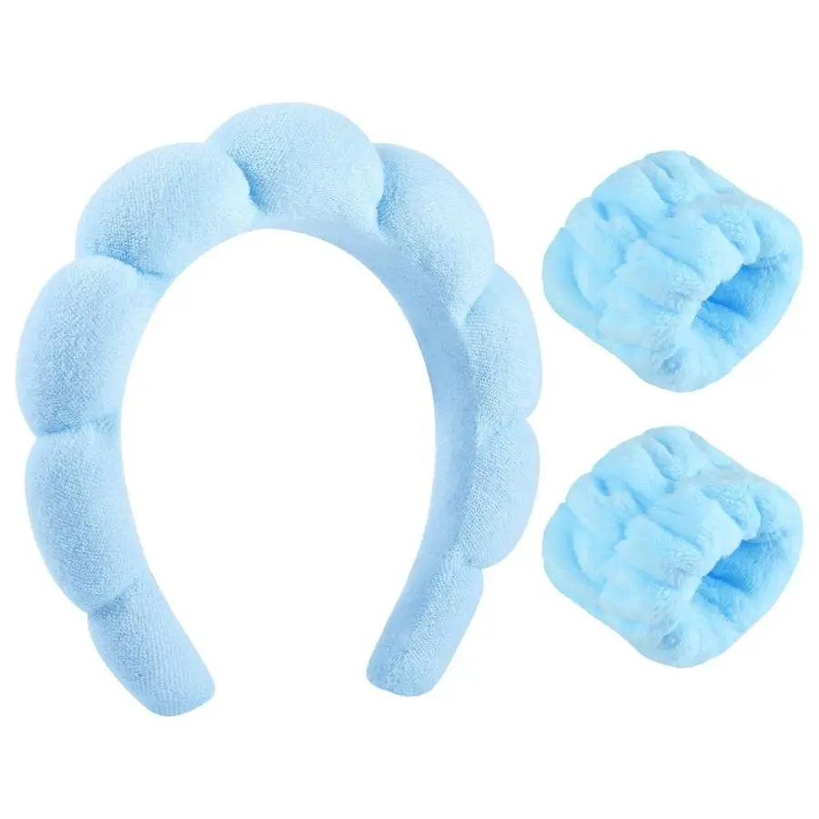 Women's 3-Piece Spa Headband Set with Wrist Drying Bands, Solid Sponge Cushioned Accessory Kit for Skincare, Makeup & a Spa Look, All Hair, Plain Solid, Stretch Fit, Accessory Kit Headbands, Female, 3 Pieces, Daily