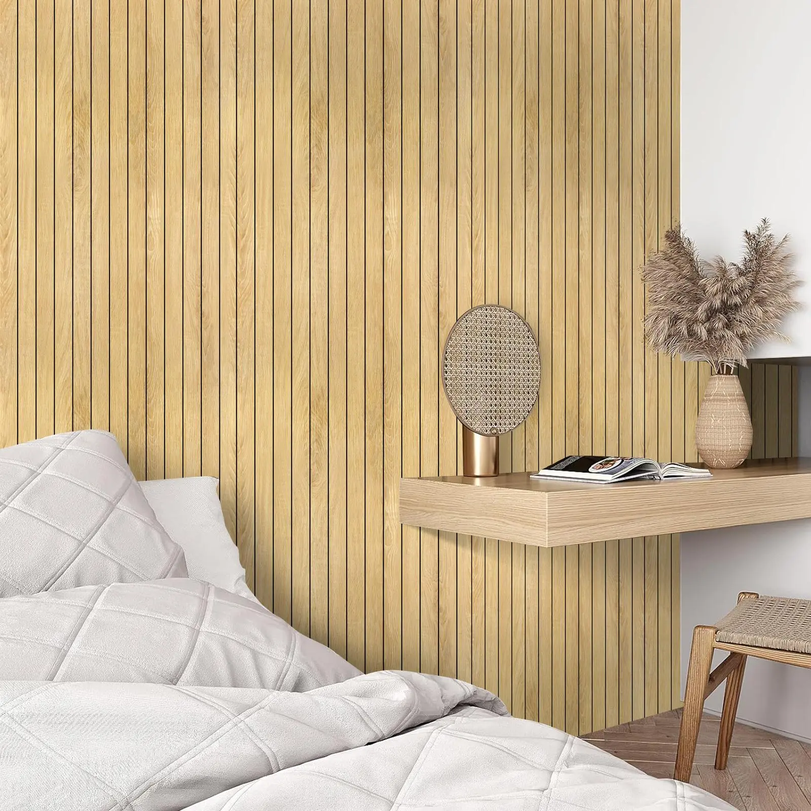 Light Natural Wood Grain Wallpaper Roll, Self-Adhesive Grille Design, Peel & Stick Waterproof Wall Sticker, Home Decor