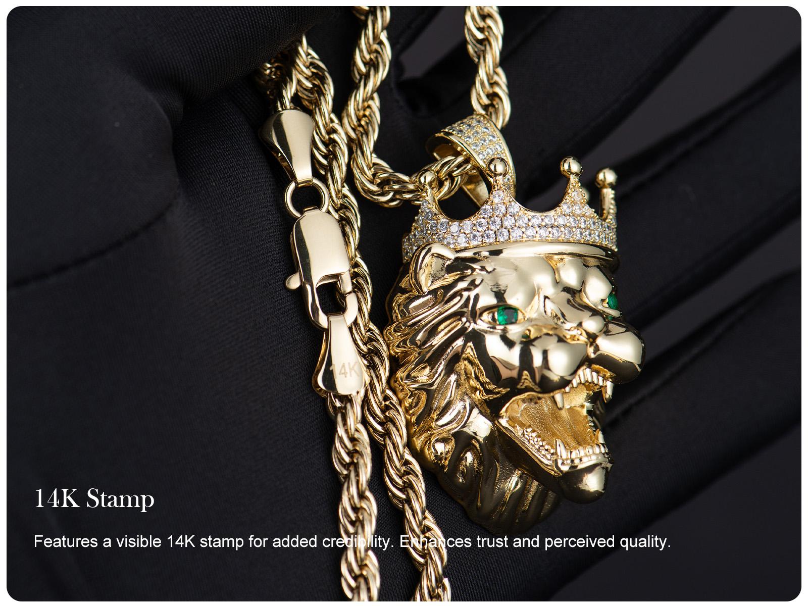 Holylegend 14K Gold-Plated Lion Head Pendant Necklace with CZ Diamond Crown, Emerald Eyes