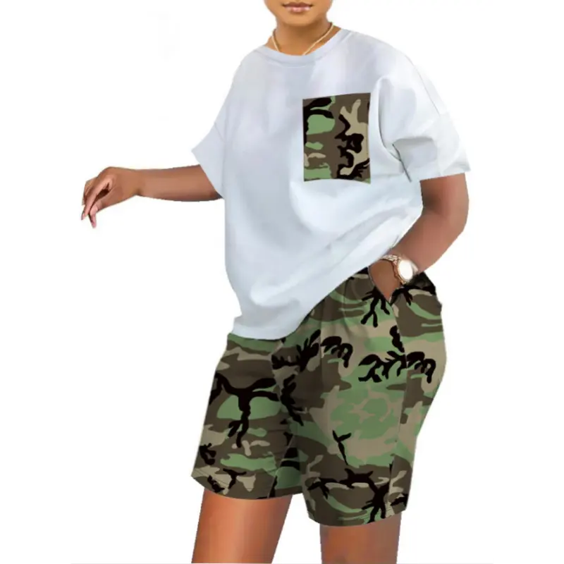 Women's 2-Piece Camouflage Sports Clothing Set - 5% Spandex Blend Round Neck Pocketed Top + Pants, Matching Casual Outdoor Activewear, Women's Clothes