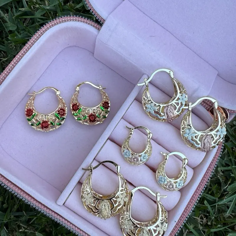 Virgin, St Jude  and Flower Earrings for Her - Elegant Design with Red Accents in Pink Case