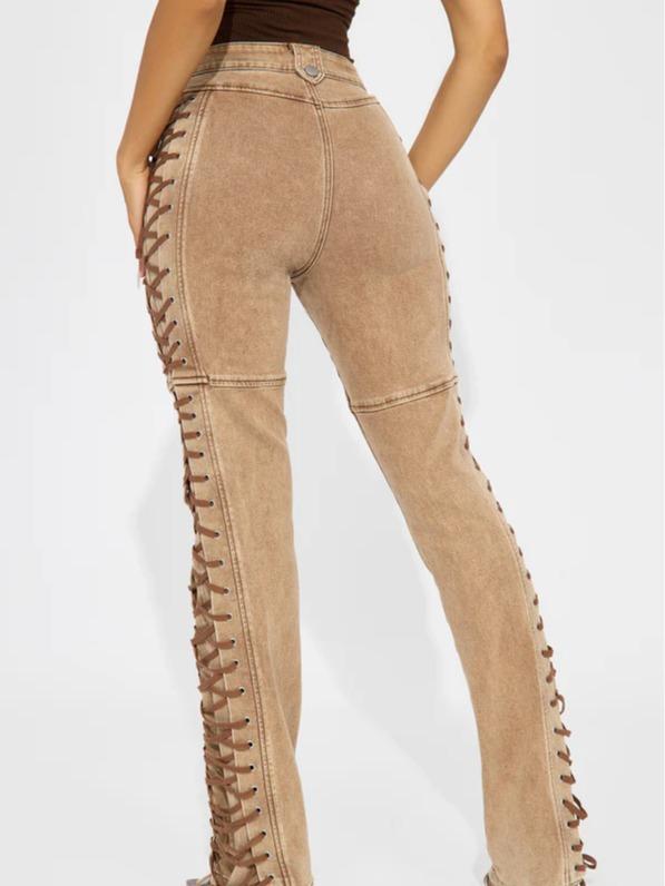 Women’s Lace-Up Flare Pants – High Waist Vintage Stretchy Bell Bottom Jeans