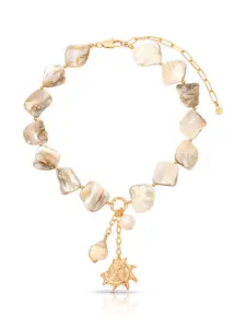 Ettika True Shell Necklace 18k Gold Plated with Natural Shell & Freshwater Pearl Sun Charm Adjustable 14.74" Chain