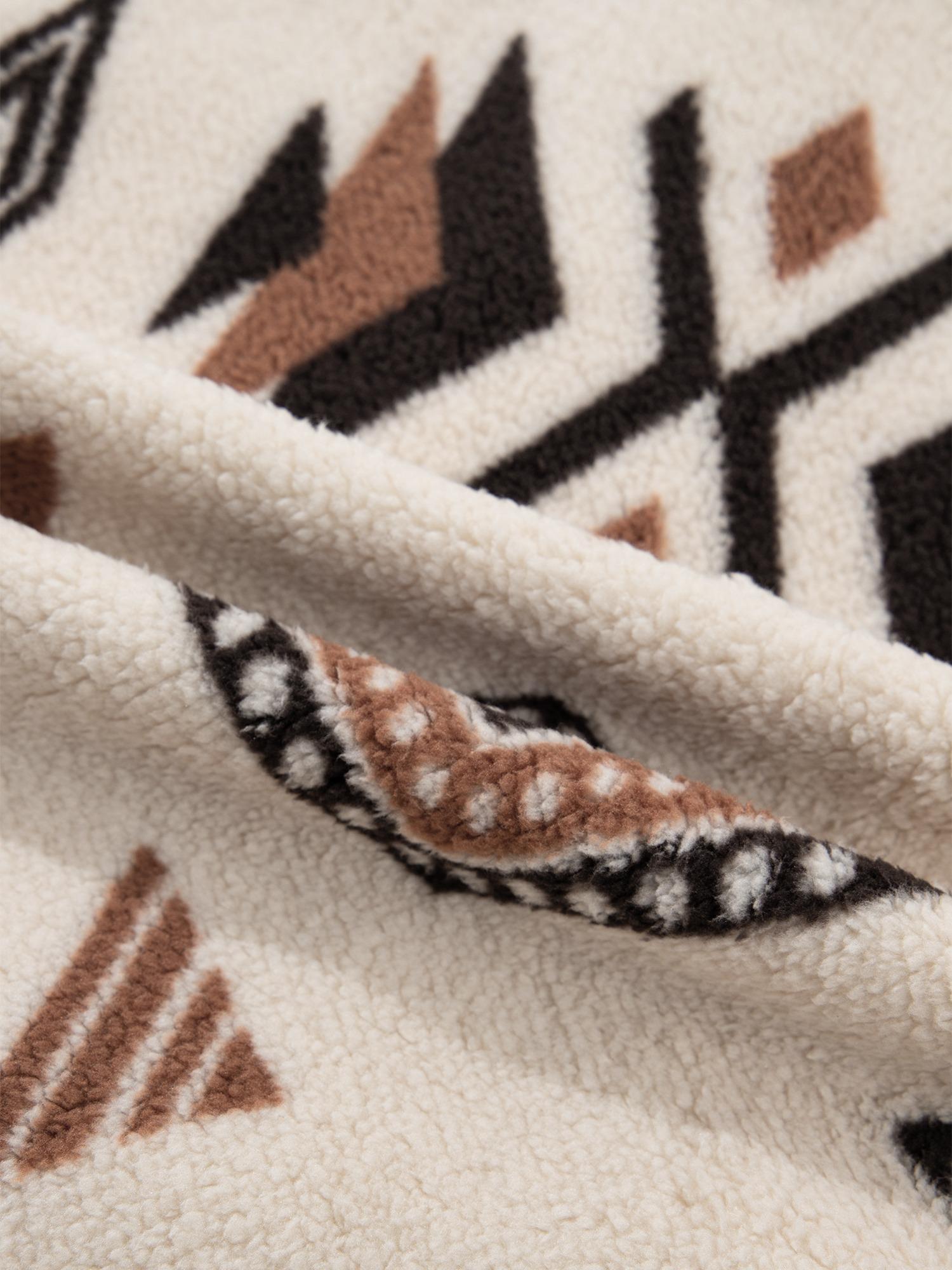 Women’s Aztec Geometric Print Soft Comfortable Fleece Fabric Long-Sleeve Full-Zip Collared Jacket with Binding Trim, Relaxed Fit Casual Tops Outerwear for Fall, Winter
