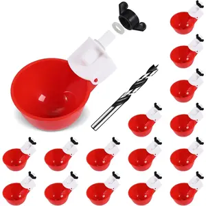 Chicken Waterer Cups (16 Pack/Red) - DiY AutomaticLarge Chicken WVater Feeder for Ducks,Chicks, Turkeys,Quail, Bunny, Bird and Other Various Pouitry Dispenserwith Matching Drill