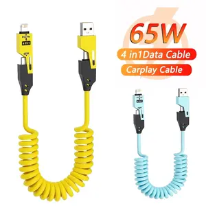 4 In 1 Retractable Phone Charging Cable, Multifunctional 65W USB A Type C To USB C/Lightning PD Cable, Fast Charging Cable for Home Office