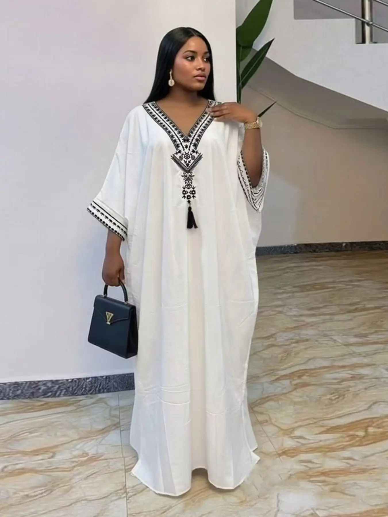 Women's Summer Solid Color Embroidered Fringe Caftan Casual Dress with Pockets and Side Slit Women's Summer Solid Color Embroidered Fringe Caftan Casual Dress with Pockets and Side Slit